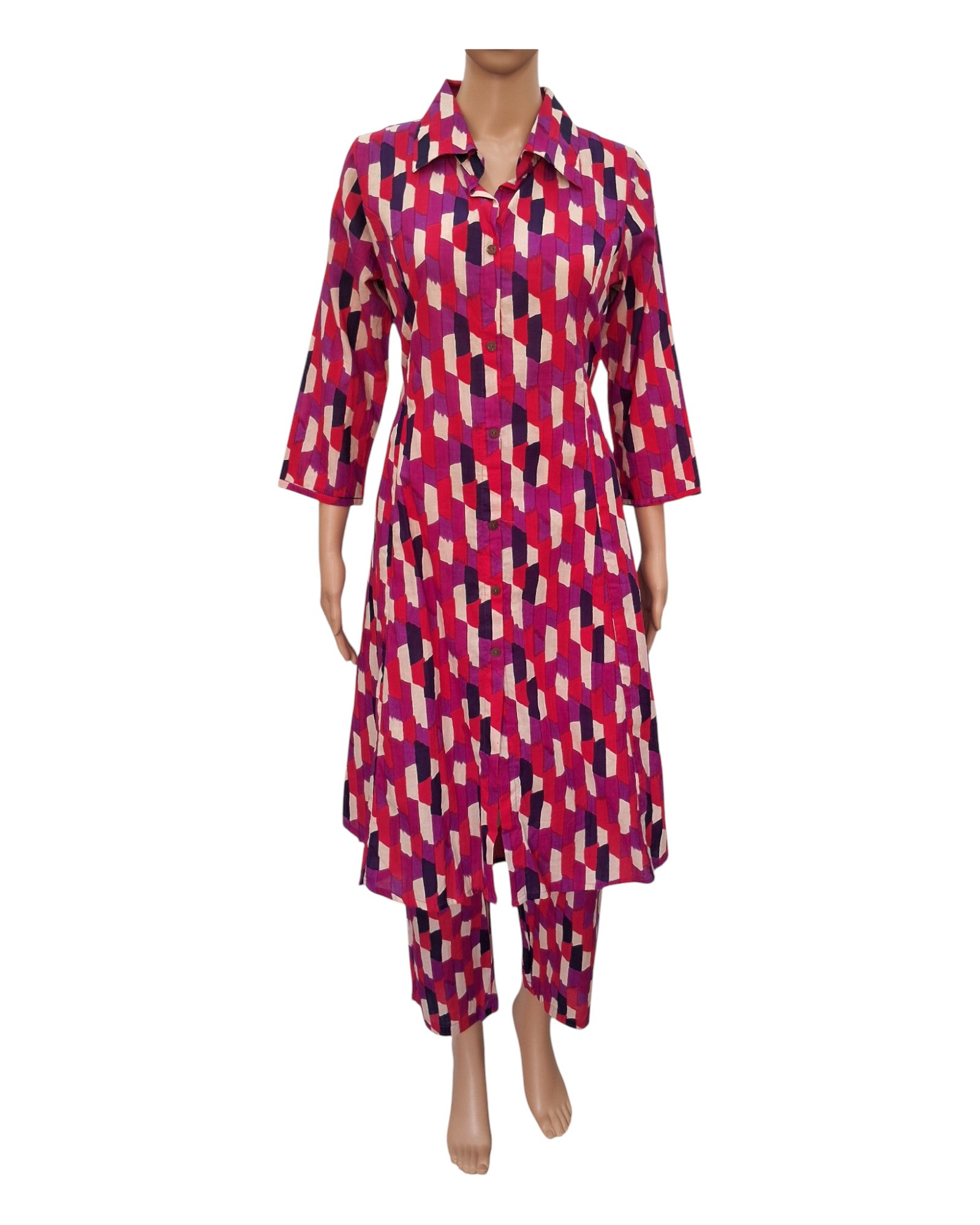 Buy Geometric Print High-Low Cotton Co-Ord Set With Collar – Tvahra