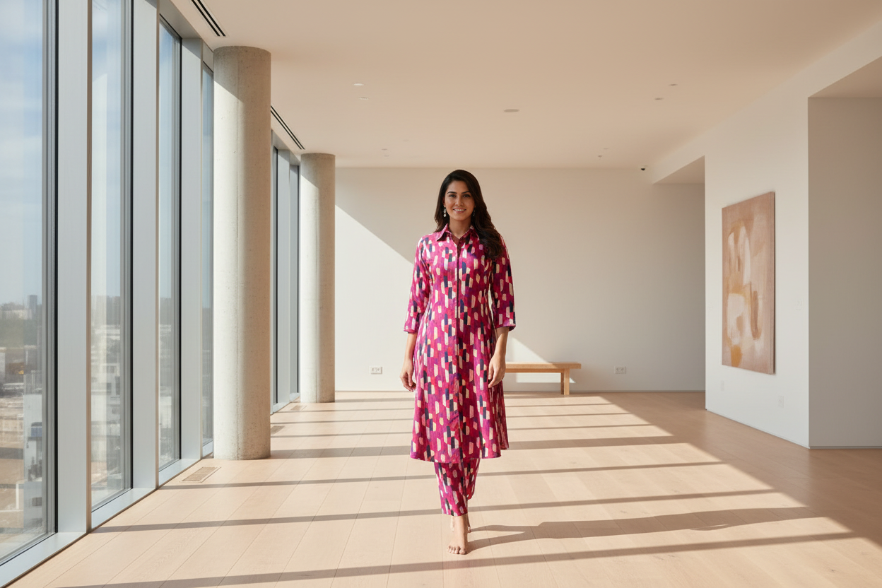 Geometric Print High-Low Cotton Co-Ord Set With Collar