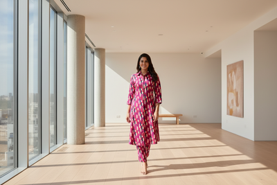 Geometric Print High-Low Cotton Co-Ord Set With Collar