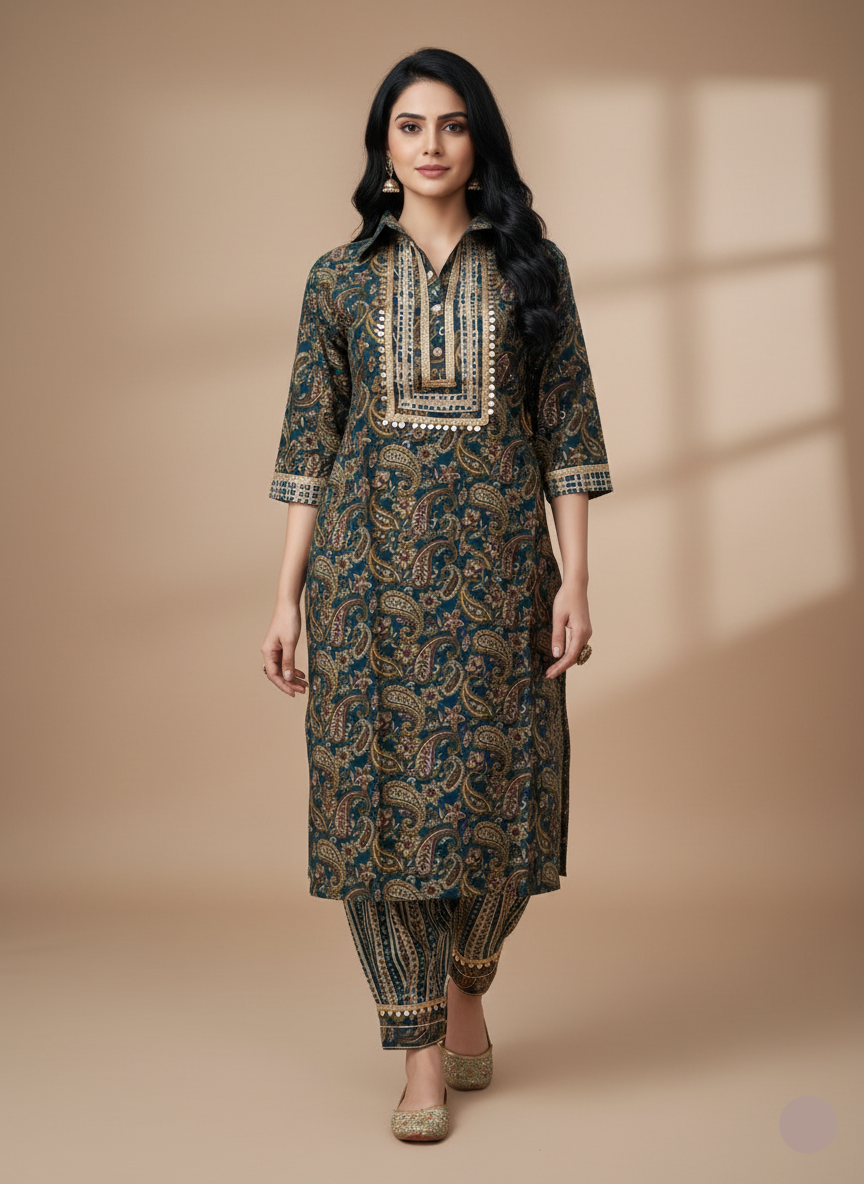 Afghani Pathani Modal Muslin Kurta Pant Set With Collar