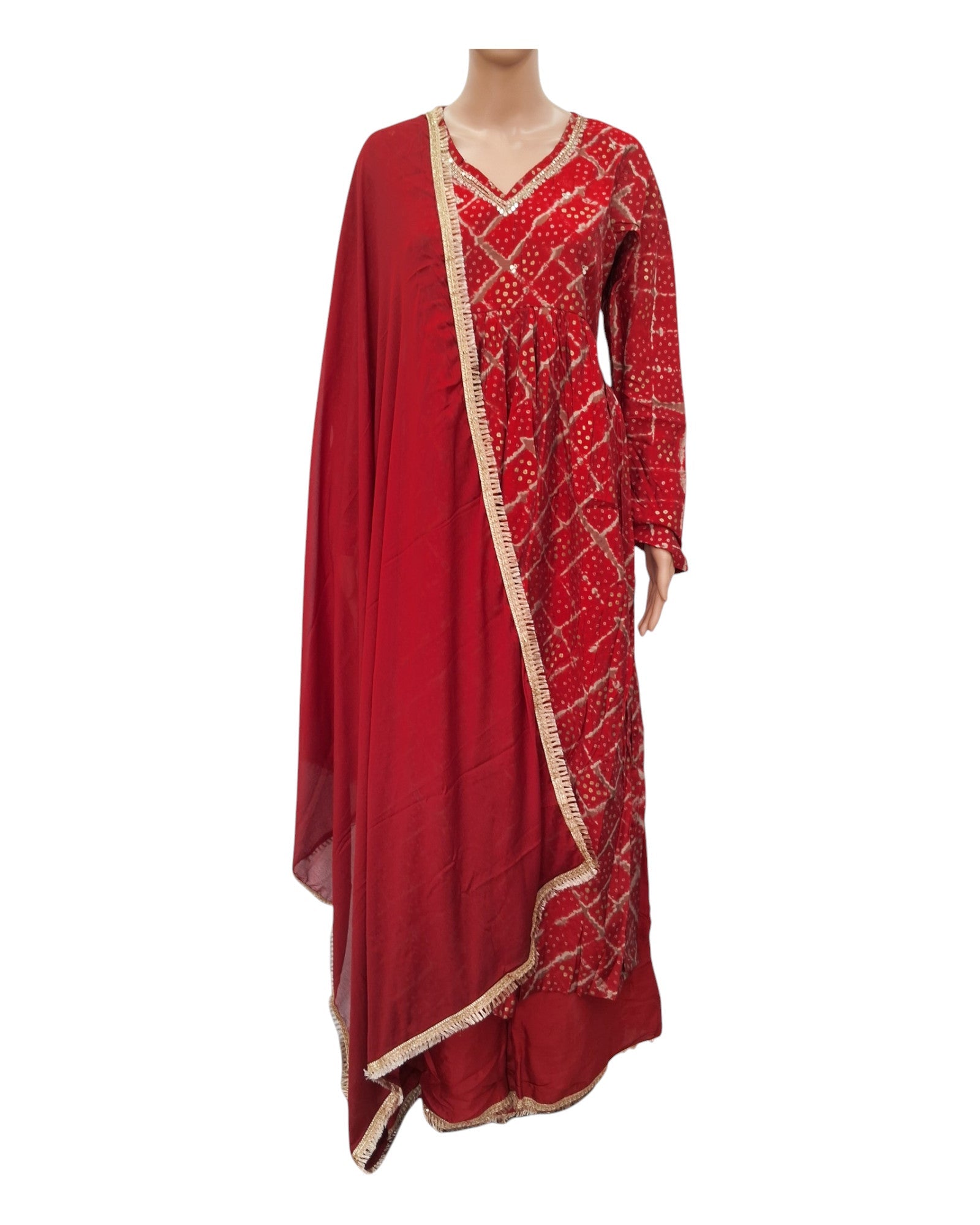 Bandhini Printed Alia Nyra Cut Modal Muslin Kurta, Pallazo Pant & Dupatta Set - Red
