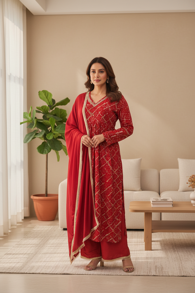 Bandhini Printed Alia Nyra Cut Modal Muslin Kurta, Pallazo Pant & Dupatta Set - Red