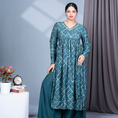 Bandhini Printed Alia Nyra Cut Modal Muslin Kurta, Pallazo Pant & Dupatta Set - Teal