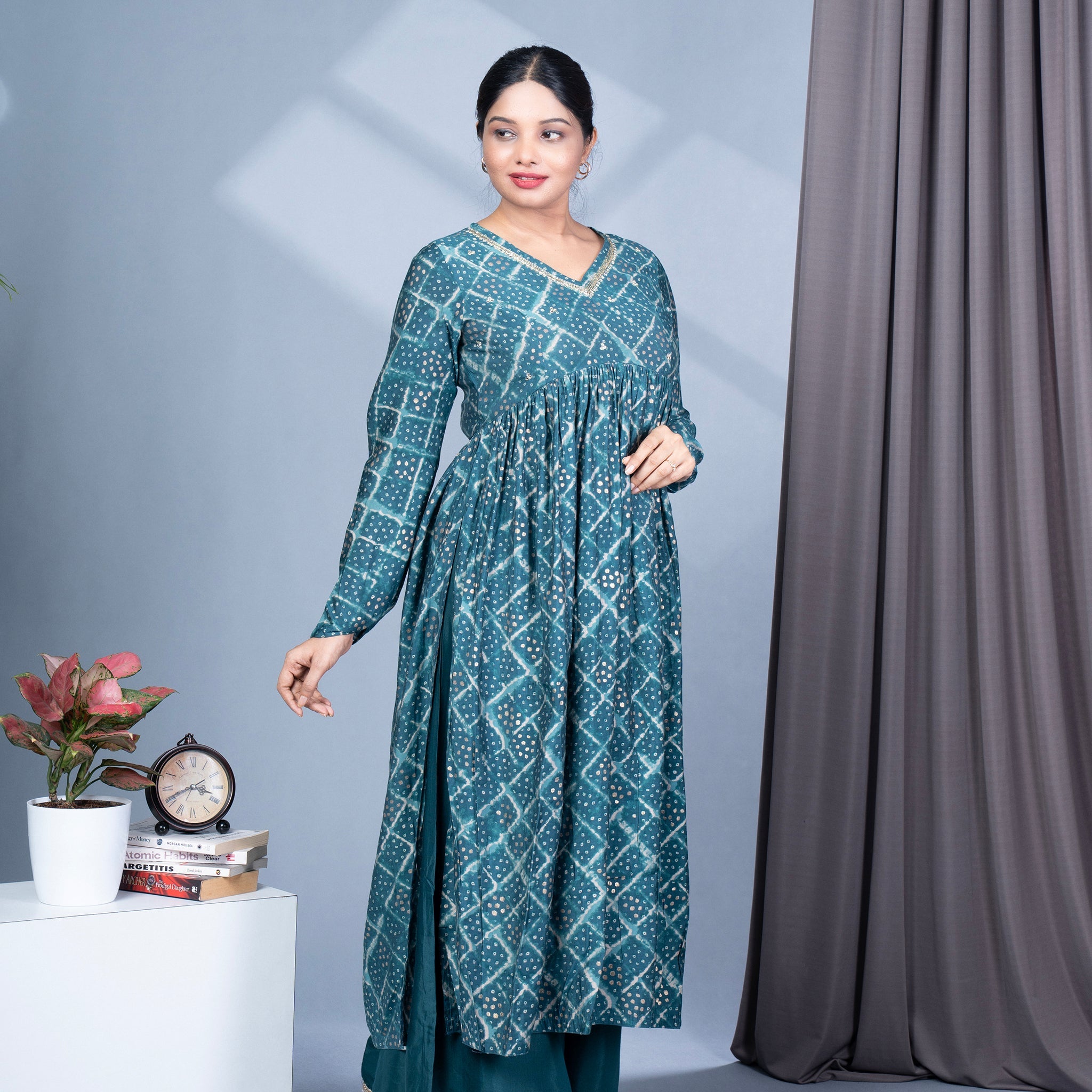 Bandhini Printed Alia Nyra Cut Modal Muslin Kurta, Pallazo Pant & Dupatta Set - Teal