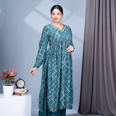 Bandhini Printed Alia Nyra Cut Modal Muslin Kurta, Pallazo Pant & Dupatta Set - Teal