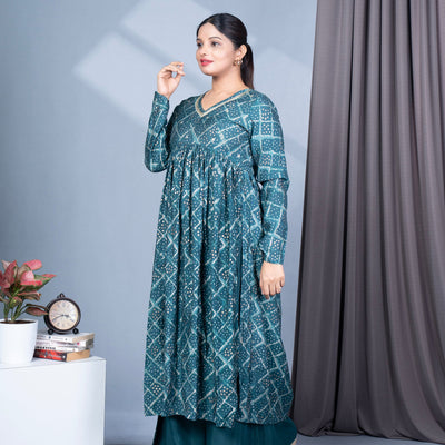 Bandhini Printed Alia Nyra Cut Modal Muslin Kurta, Pallazo Pant & Dupatta Set - Teal