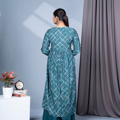 Bandhini Printed Alia Nyra Cut Modal Muslin Kurta, Pallazo Pant & Dupatta Set - Teal