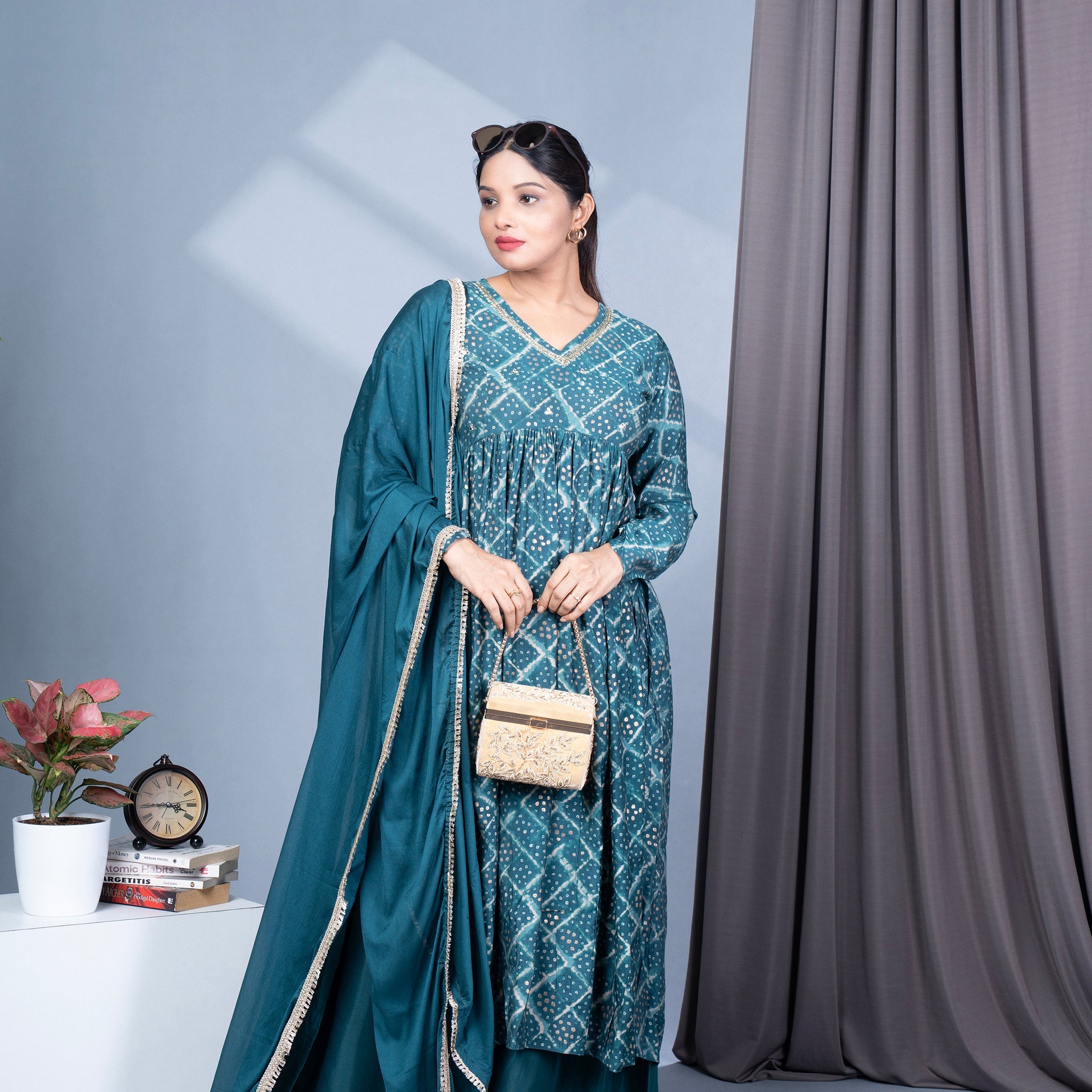 Bandhini Printed Alia Nyra Cut Modal Muslin Kurta, Pallazo Pant & Dupatta Set - Teal