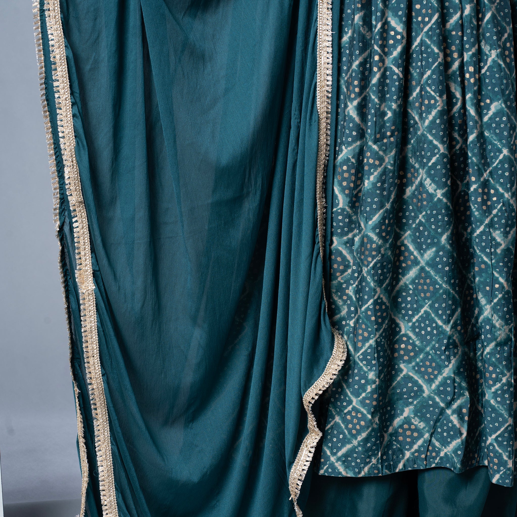 Bandhini Printed Alia Nyra Cut Modal Muslin Kurta, Pallazo Pant & Dupatta Set - Teal