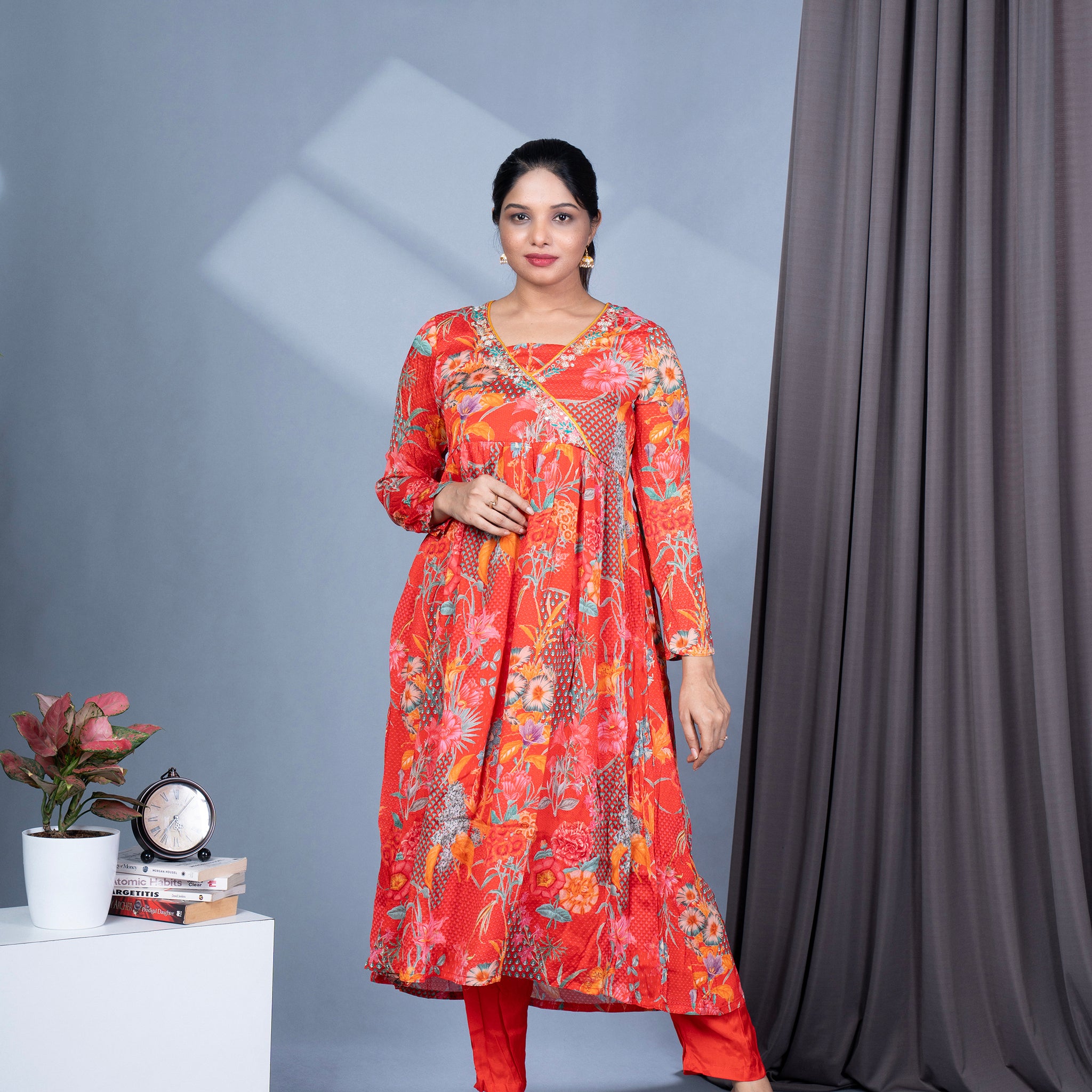 Red Chinon Angrakha Kurta Set with Digital Print