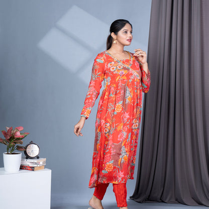 Red Chinon Angrakha Kurta Set with Digital Print