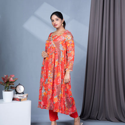 Red Chinon Angrakha Kurta Set with Digital Print