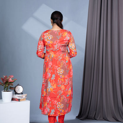 Red Chinon Angrakha Kurta Set with Digital Print
