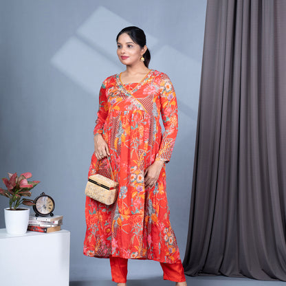 Red Chinon Angrakha Kurta Set with Digital Print