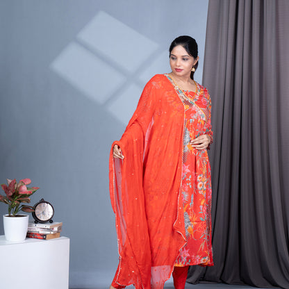 Red Chinon Angrakha Kurta Set with Digital Print