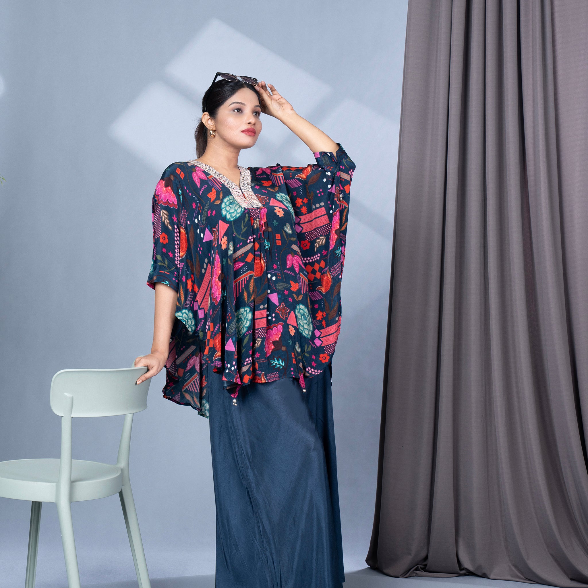 Crepe Silk Poncho Style Tunic With Pallazo
