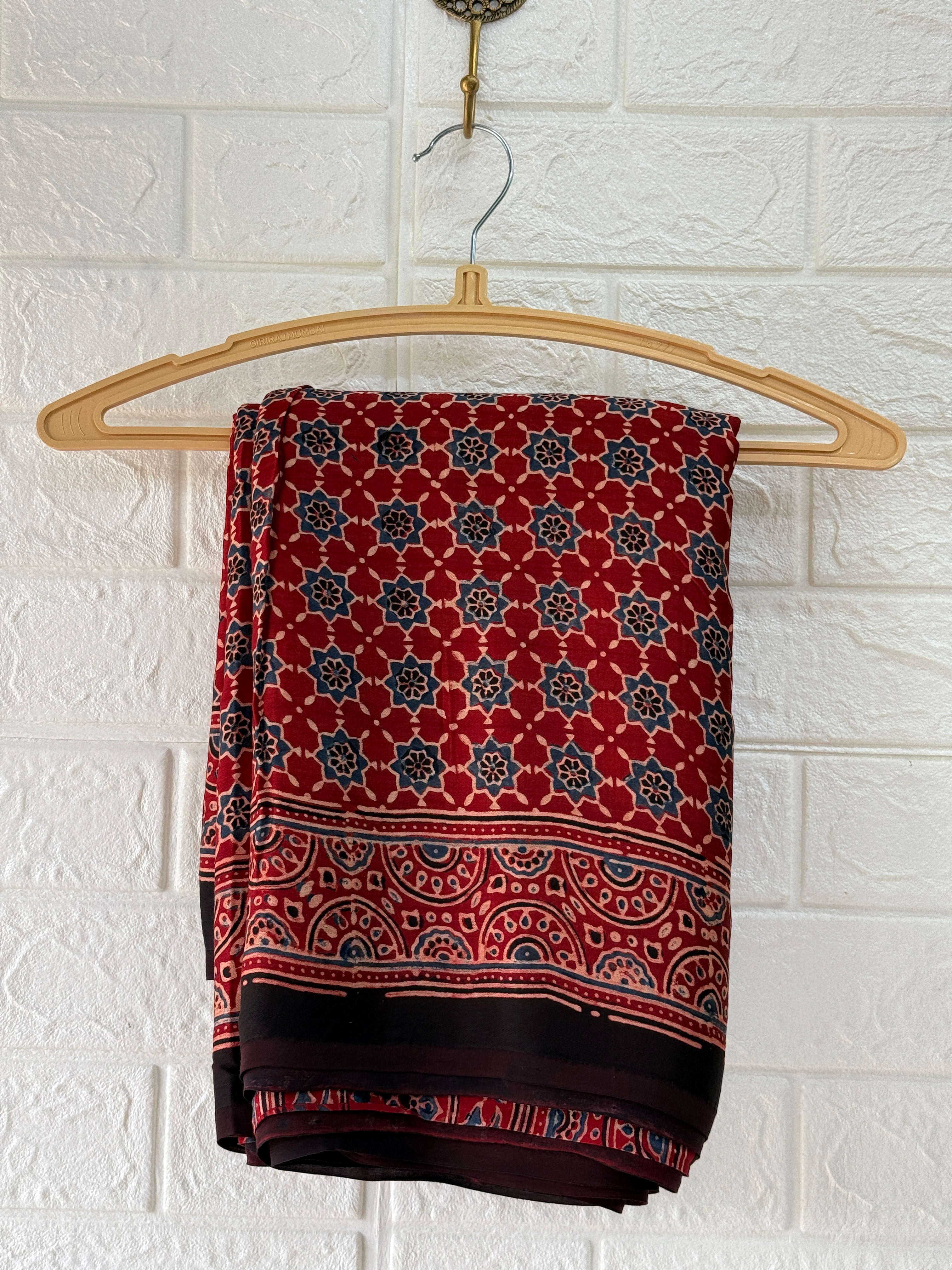 Red Ajrakh Hand Block Printed Modal Silk Saree