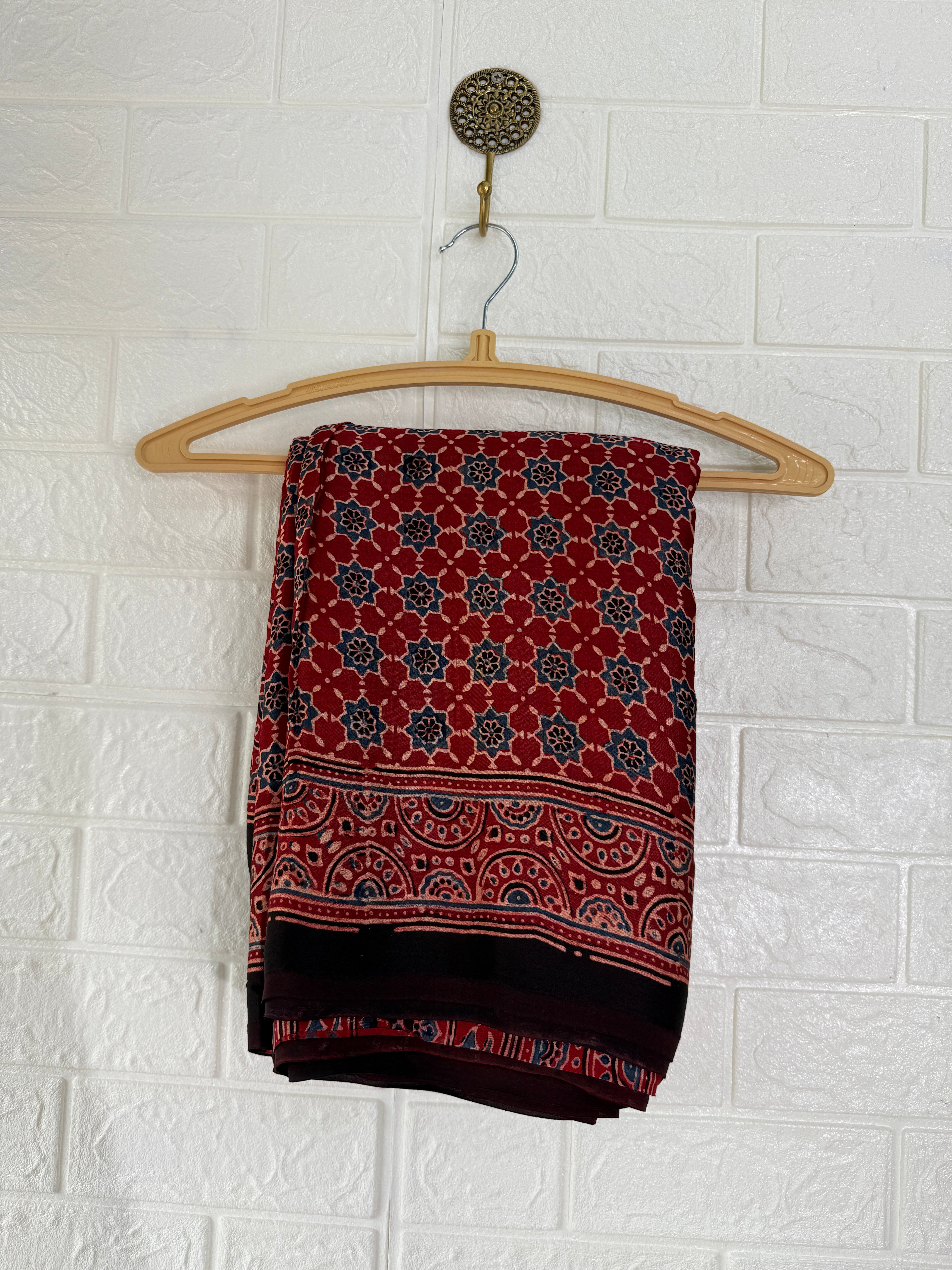Red Ajrakh Hand Block Printed Modal Silk Saree
