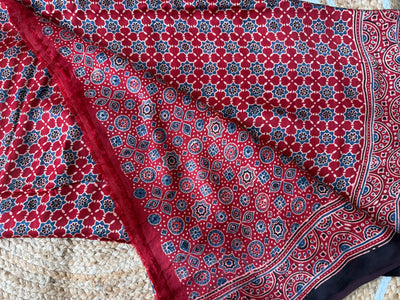 Red Ajrakh Hand Block Printed Modal Silk Saree