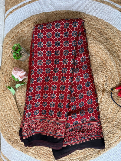 Red Ajrakh Hand Block Printed Modal Silk Saree