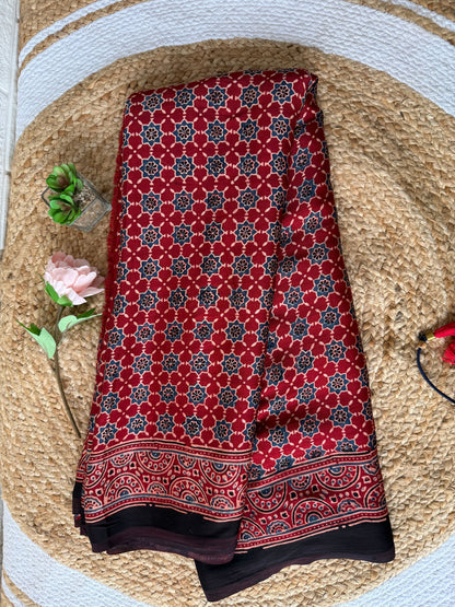 Red Ajrakh Hand Block Printed Modal Silk Saree