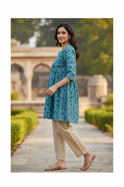 V-Neck Peplum Cotton Tunic - Greenish Blue