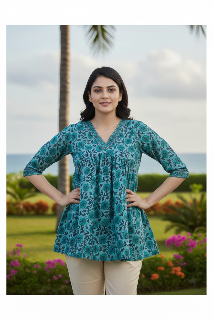 V-Neck Peplum Cotton Tunic - Greenish Blue