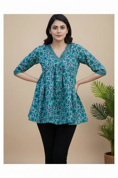 Buy V-Neck Peplum Cotton Tunic in green – Tvahra