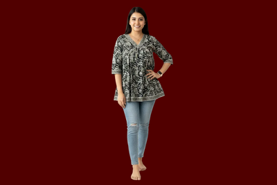 V-Neck Peplum Cotton Tunic - Black
