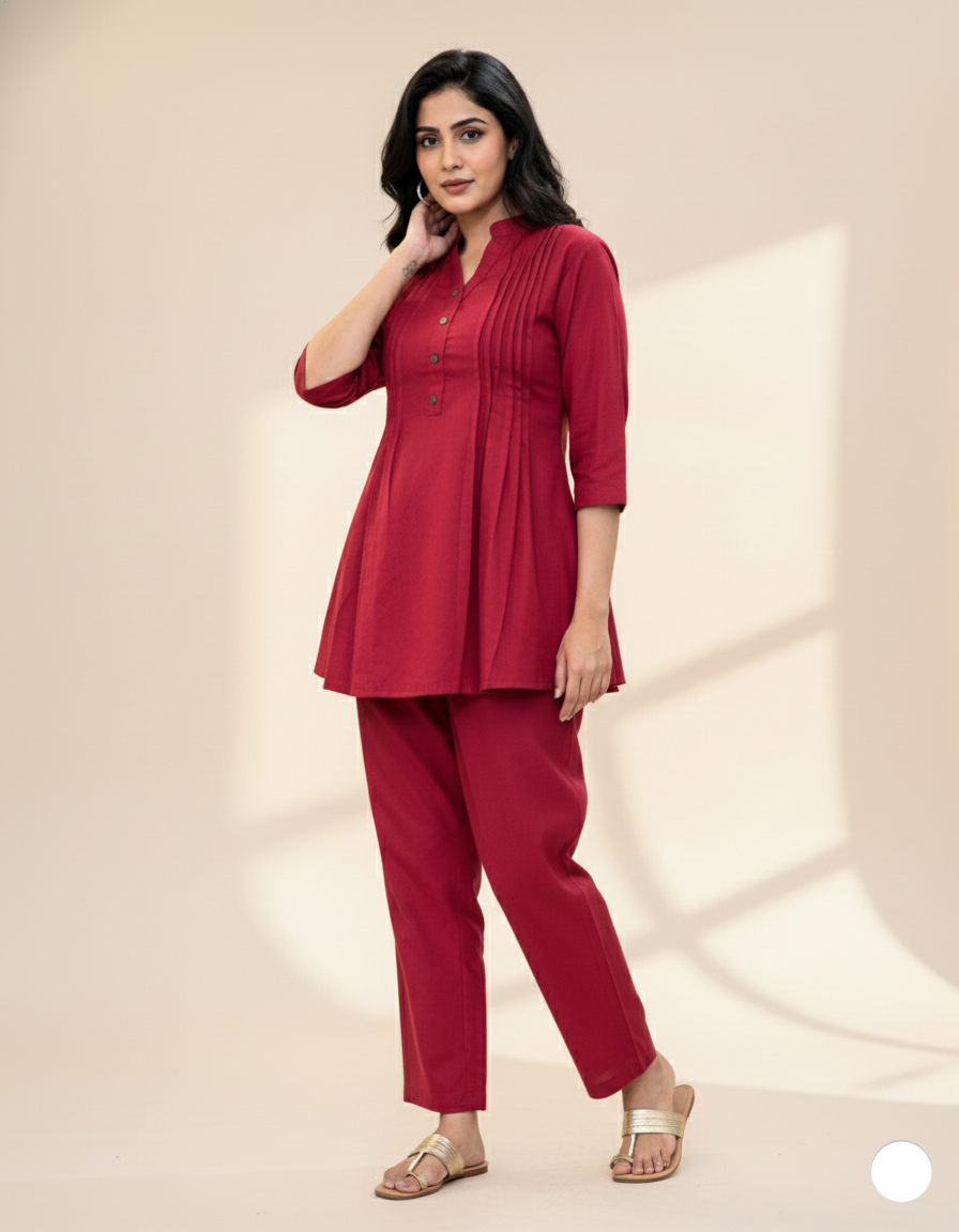 Solid Mandarin Collar Flex Cotton Co-Ord Set