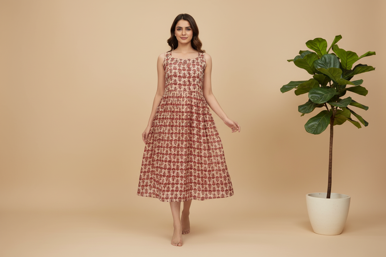 Sleeveless Katha Cotton Dress With Katha Cotton Shrug