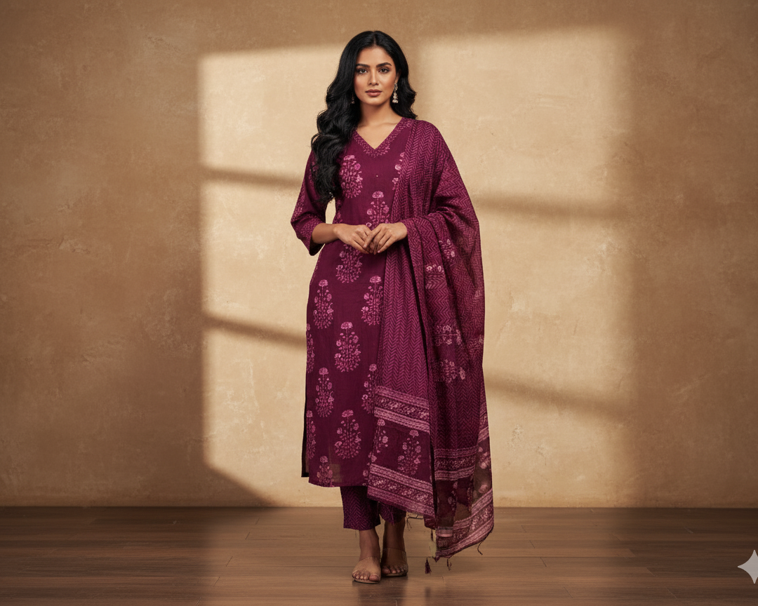 Floral Printed V Neck Kurta With Mirror Work, Straight Pant And Dupatta Set