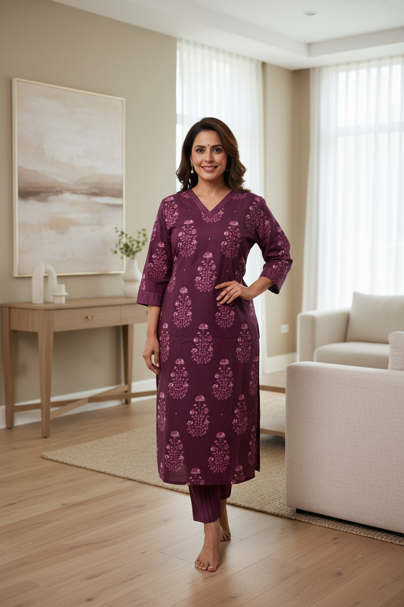 Floral Printed V Neck Kurta With Mirror Work, Straight Pant And Dupatta Set