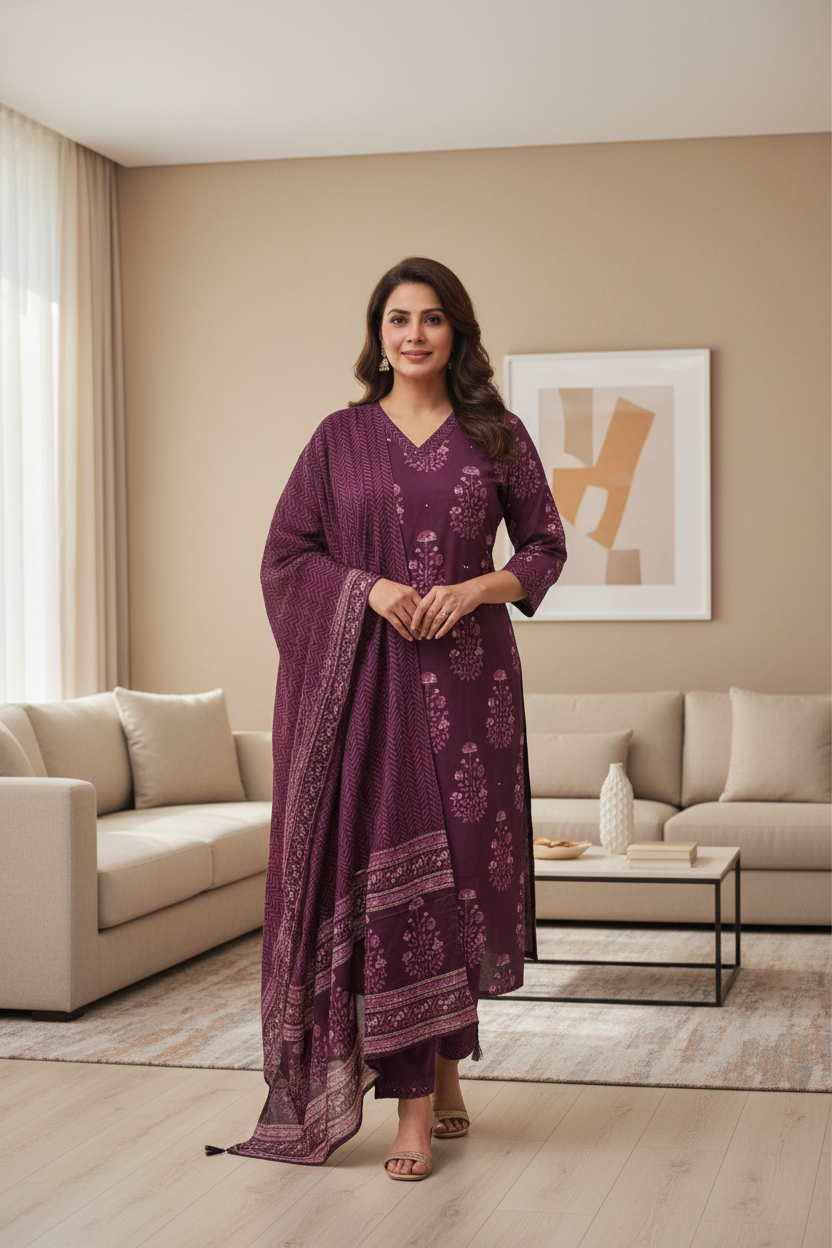 Floral Printed V Neck Kurta With Mirror Work, Straight Pant And Dupatta Set