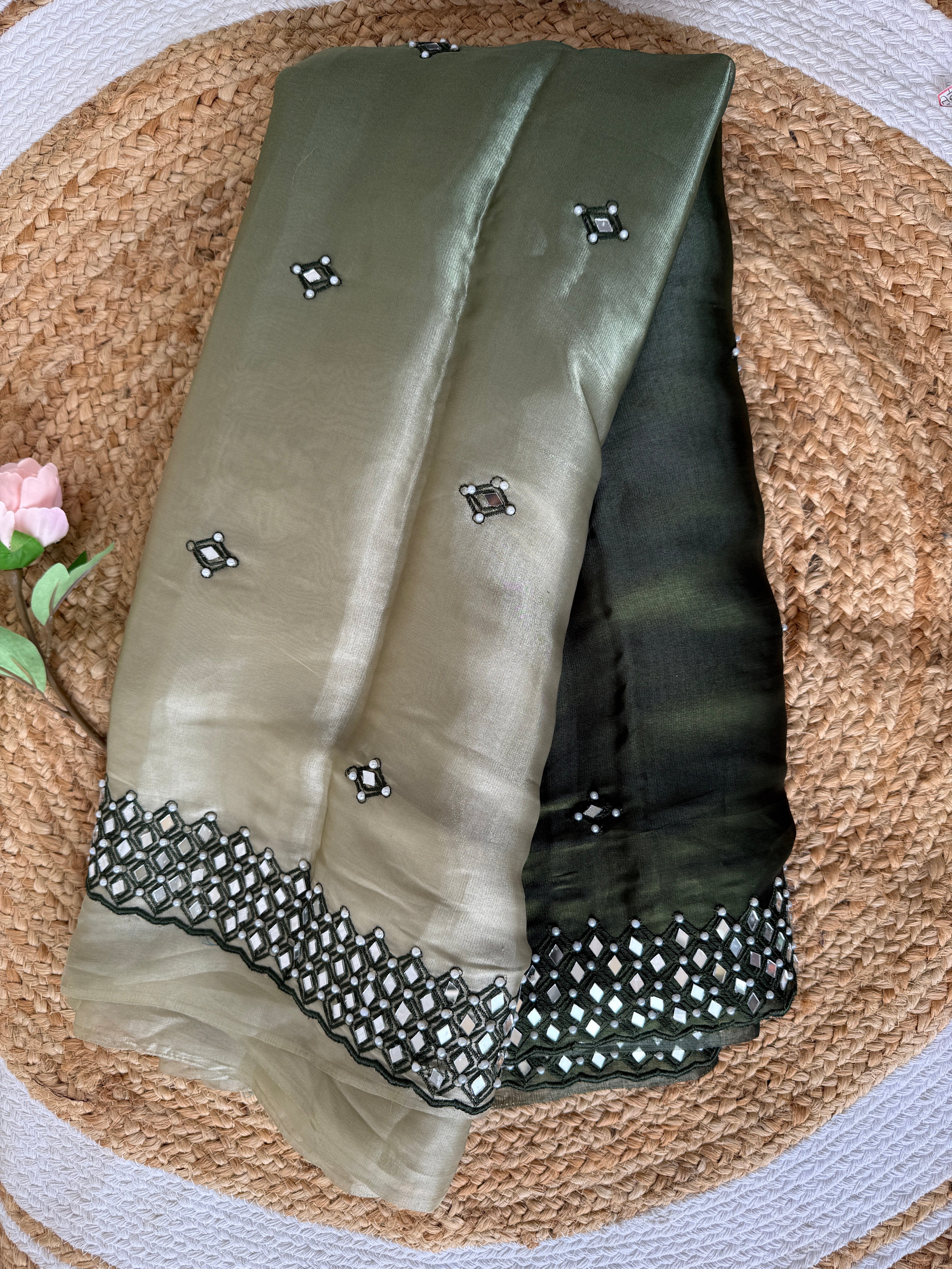 Organza Dual Color Saree With Mirror Work