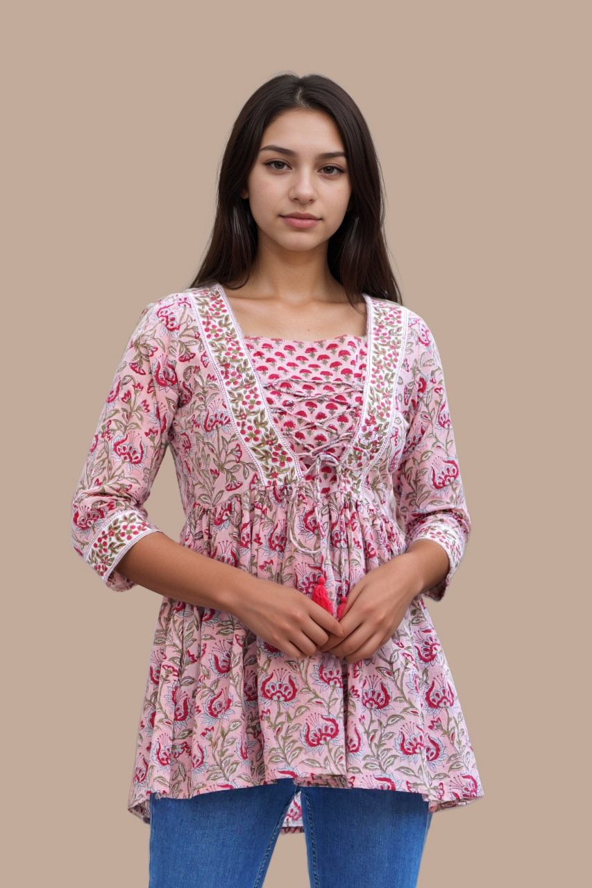 A Line Floral Printed With Front Dori Cotton Tunic