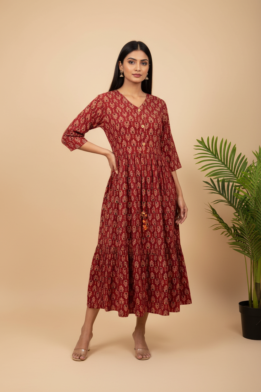 Ajrakh Print With Adjustible String Cotton One Piece Dress