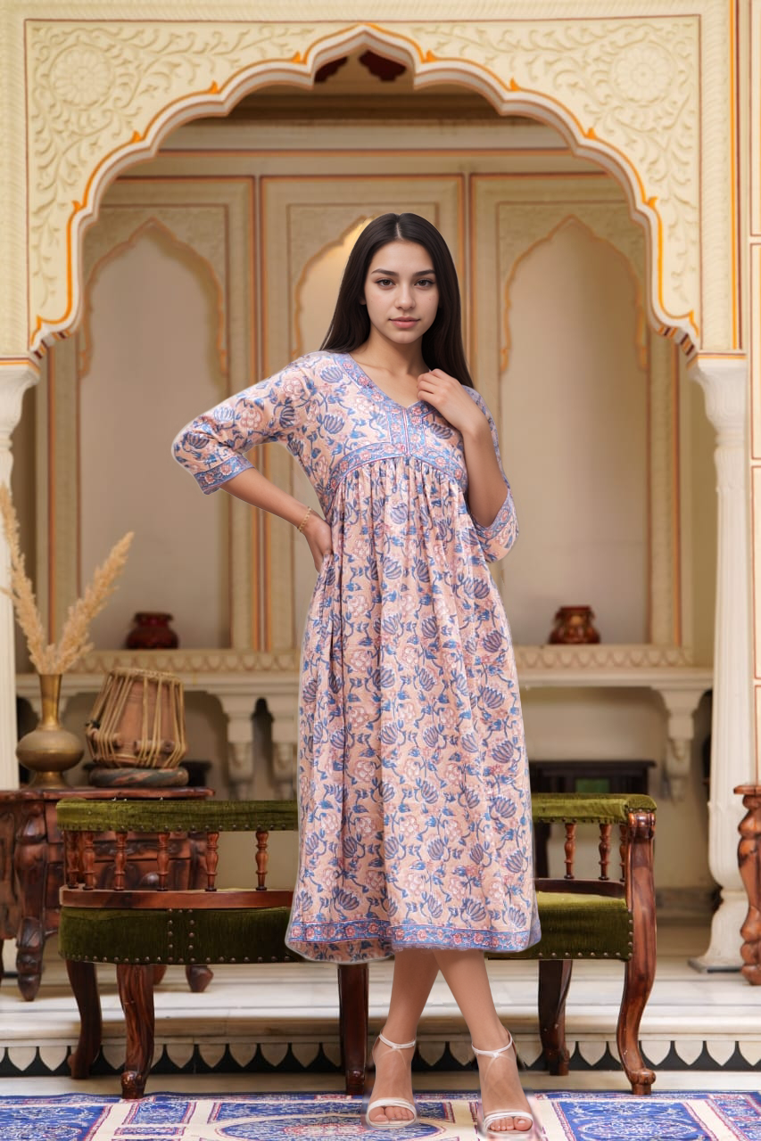 Hand Block Printed Alia Cut Cotton One Piece Dress