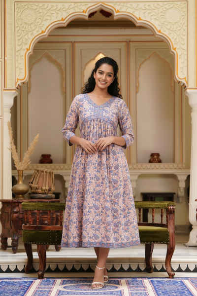 Hand Block Printed Alia Cut Cotton One Piece Dress