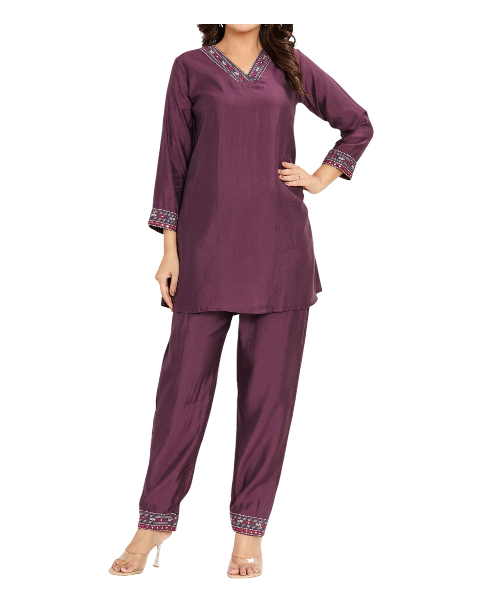 Buy Plain With V-Neck And Embroidery Muslin Modal Co-Ord Set – Tvahra