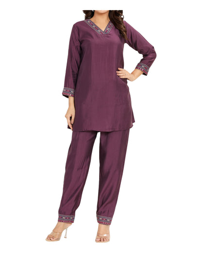 Buy Plain With V-Neck And Embroidery Muslin Modal Co-Ord Set – Tvahra