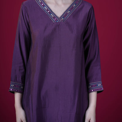 Plain With V-Neck And Embroidery Muslin Modal Co-Ord Set