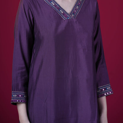 Plain With V-Neck And Embroidery Muslin Modal Co-Ord Set