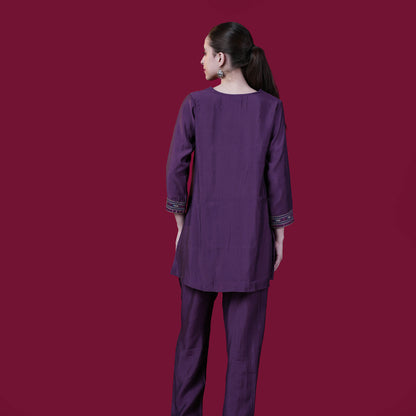 Plain With V-Neck And Embroidery Muslin Modal Co-Ord Set