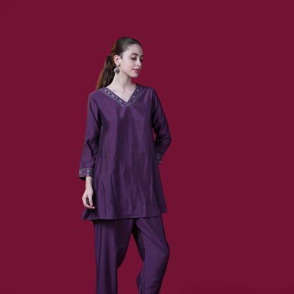 Plain With V-Neck And Embroidery Muslin Modal Co-Ord Set
