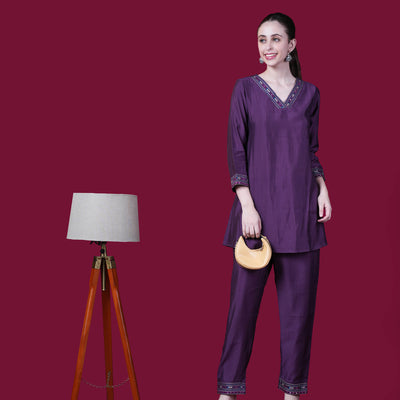 Plain With V-Neck And Embroidery Muslin Modal Co-Ord Set