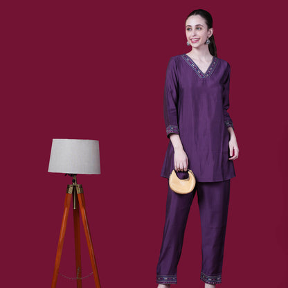 Plain With V-Neck And Embroidery Muslin Modal Co-Ord Set