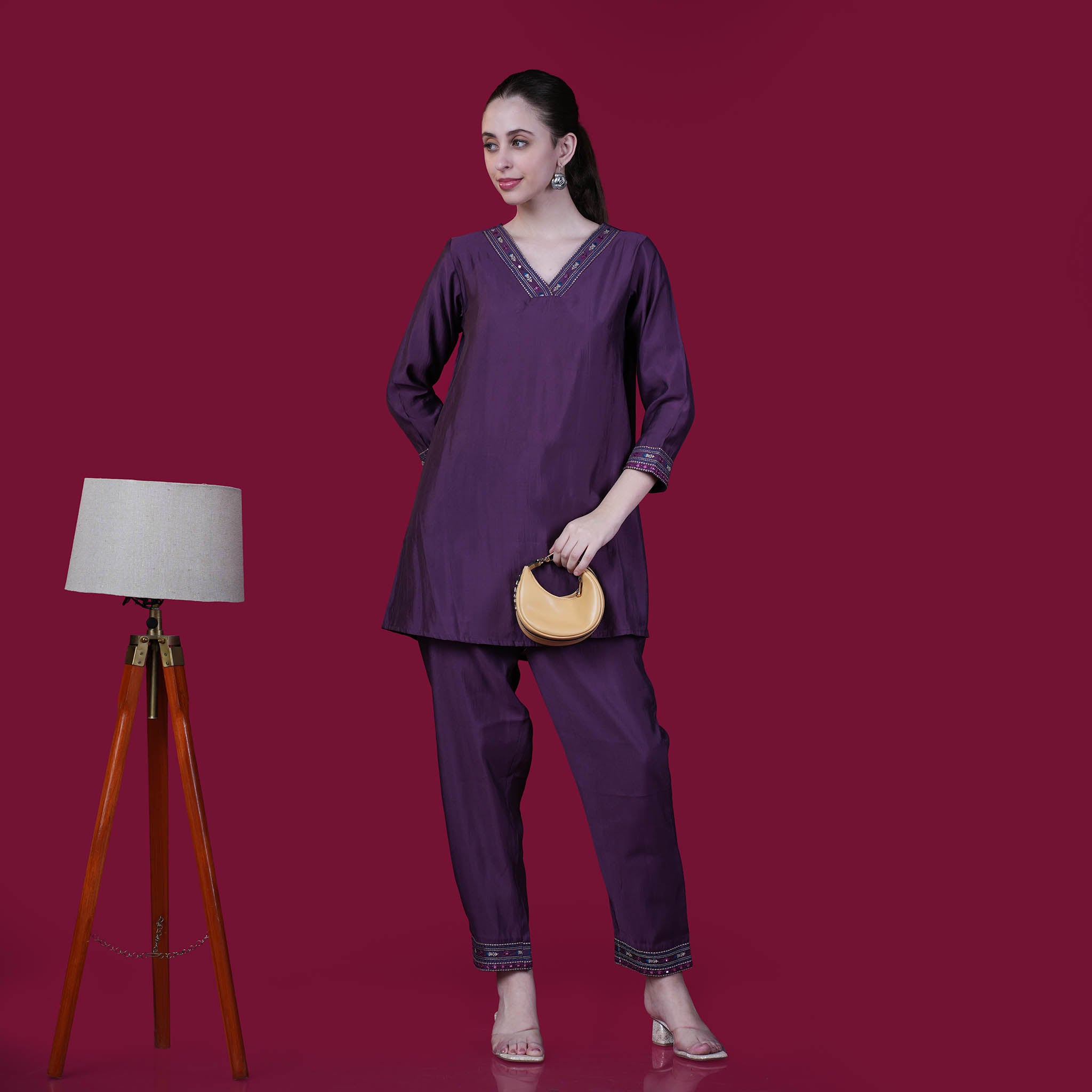 Plain With V-Neck And Embroidery Muslin Modal Co-Ord Set