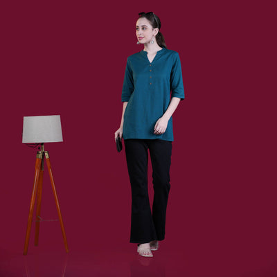 Asian Collar Flex Cotton Tunic - Teal
