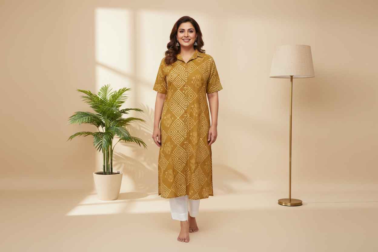 Dabu Print Collar Cotton Kurta